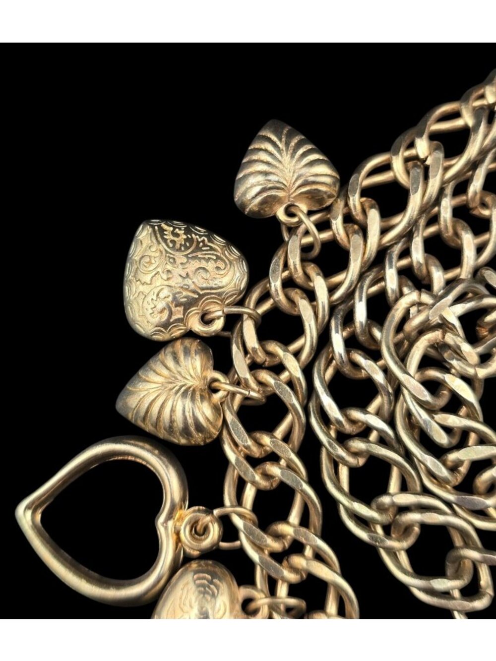 Vintage 40" Puffy Heart Charm Belt/Necklace Large Brassy Gold-Tone 80's - Picture 3 of 9